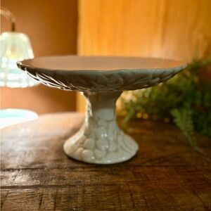 Vintage Ceramic Grape Pedestal Cake Stand | White Glazed Compote Bowl